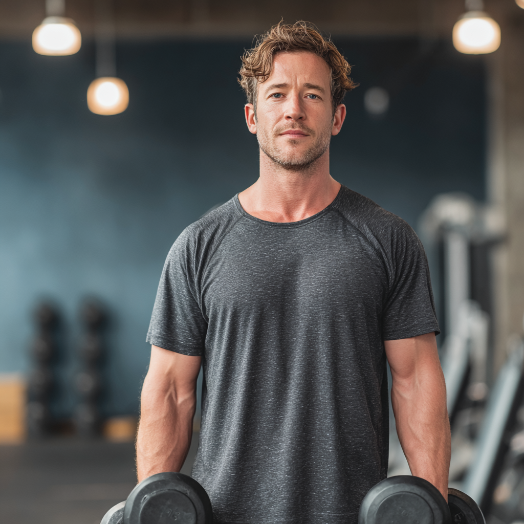 Confident man in athletic wear doing strength training exercise in modern gym