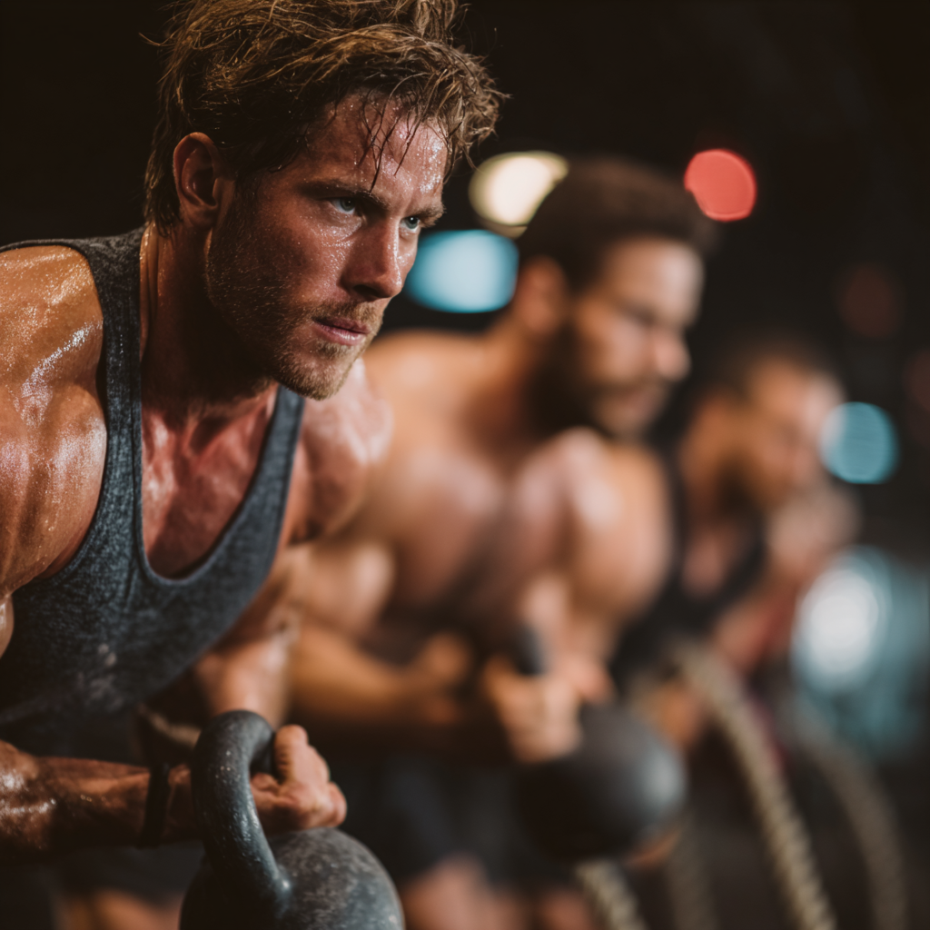 Group of determined men doing crossfit workout with kettlebells and battle ropes