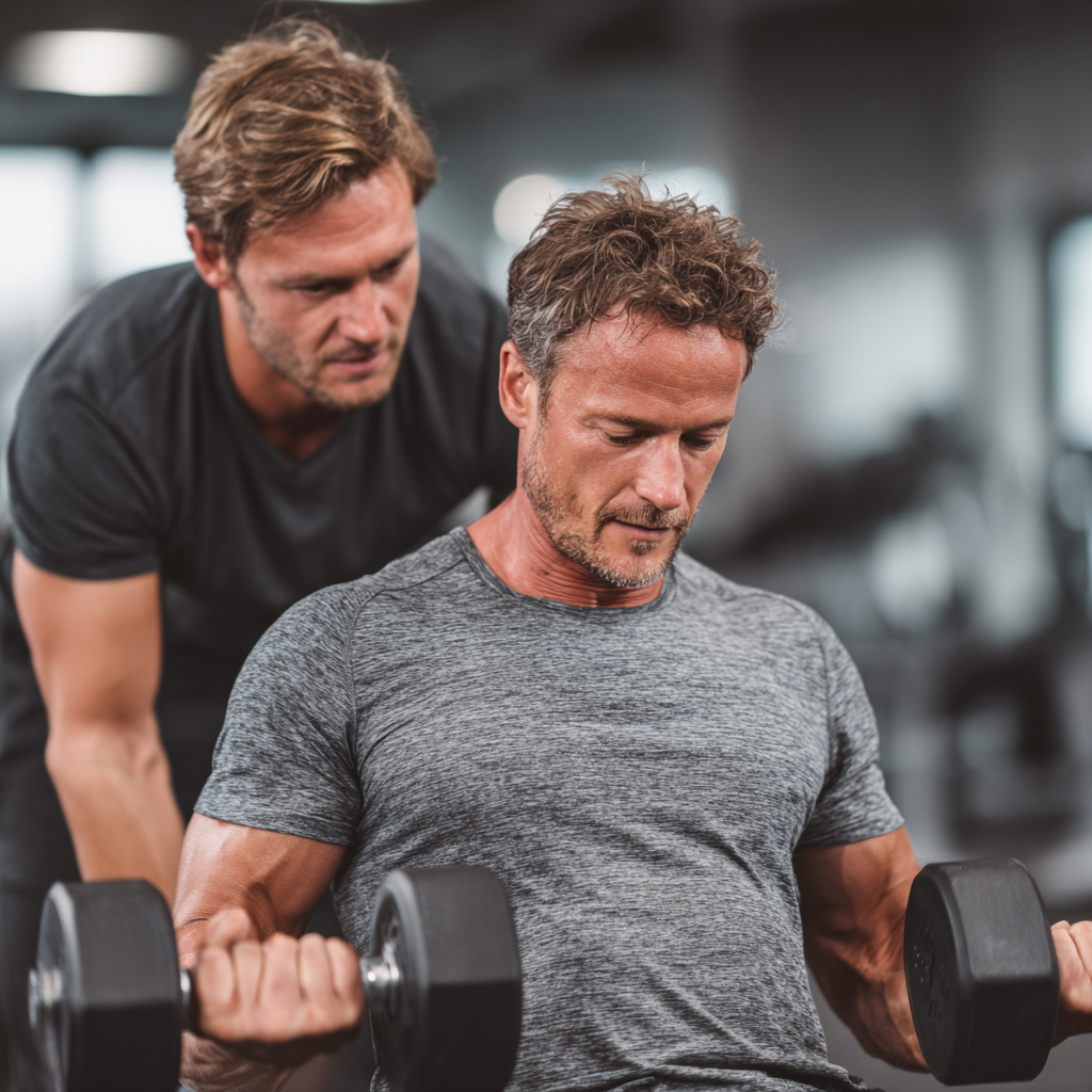Personal trainer working with focused man using proper form during weight training session